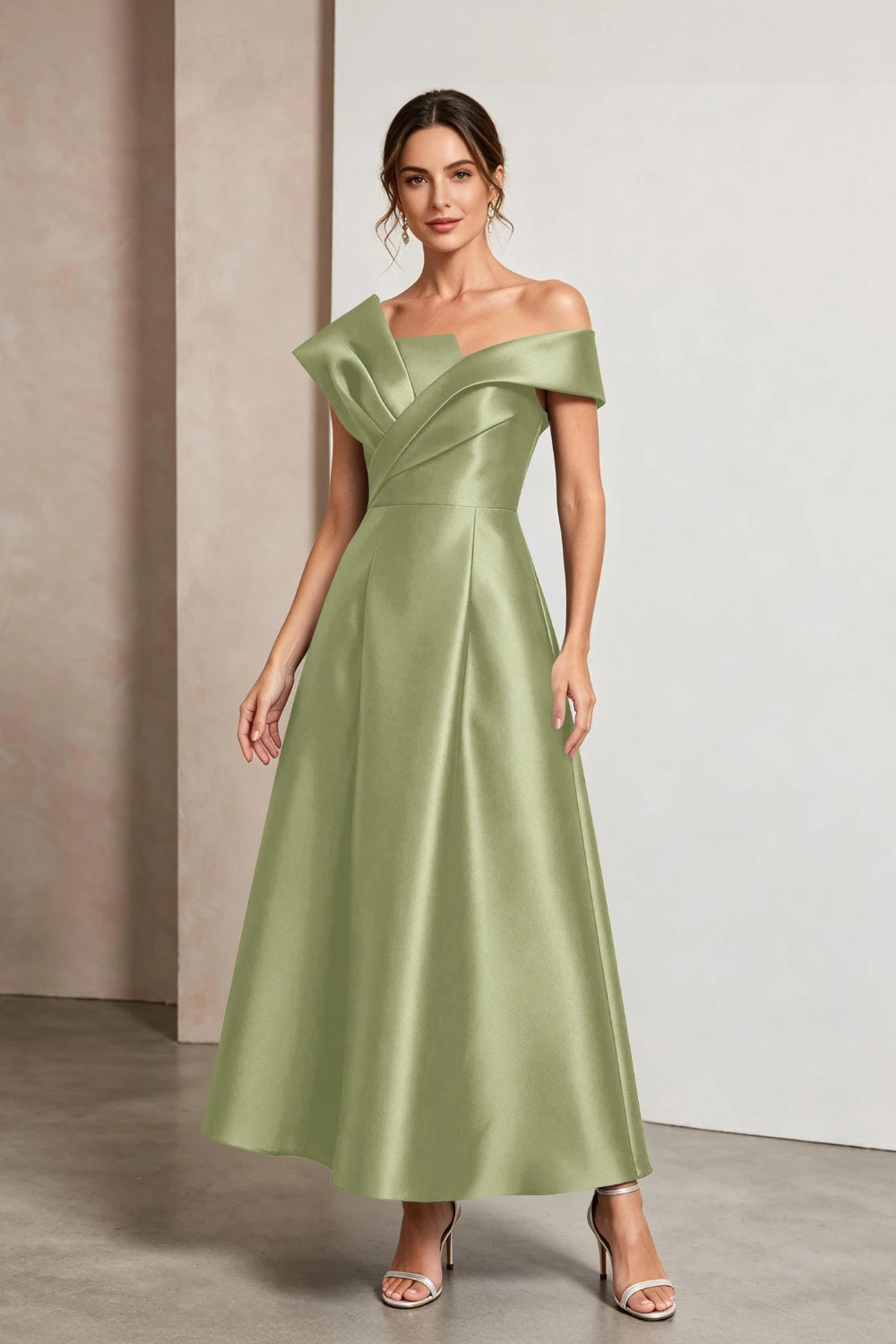 Sculptural Off-Shoulder Satin Midi A-Line Mother of the Bride Dress