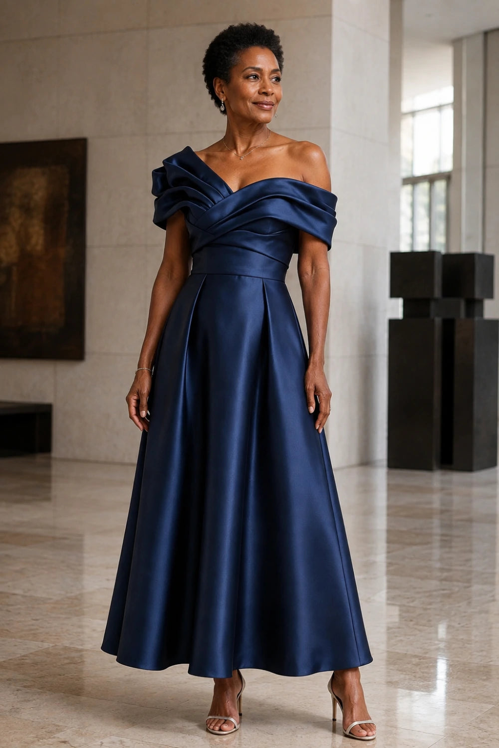Ruffled Asymmetric Satin Midi A-Line Mother of the Bride Dress