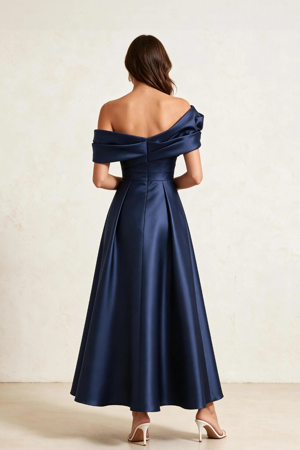 Ruffled Asymmetric Satin Midi A-Line Mother of the Bride Dress