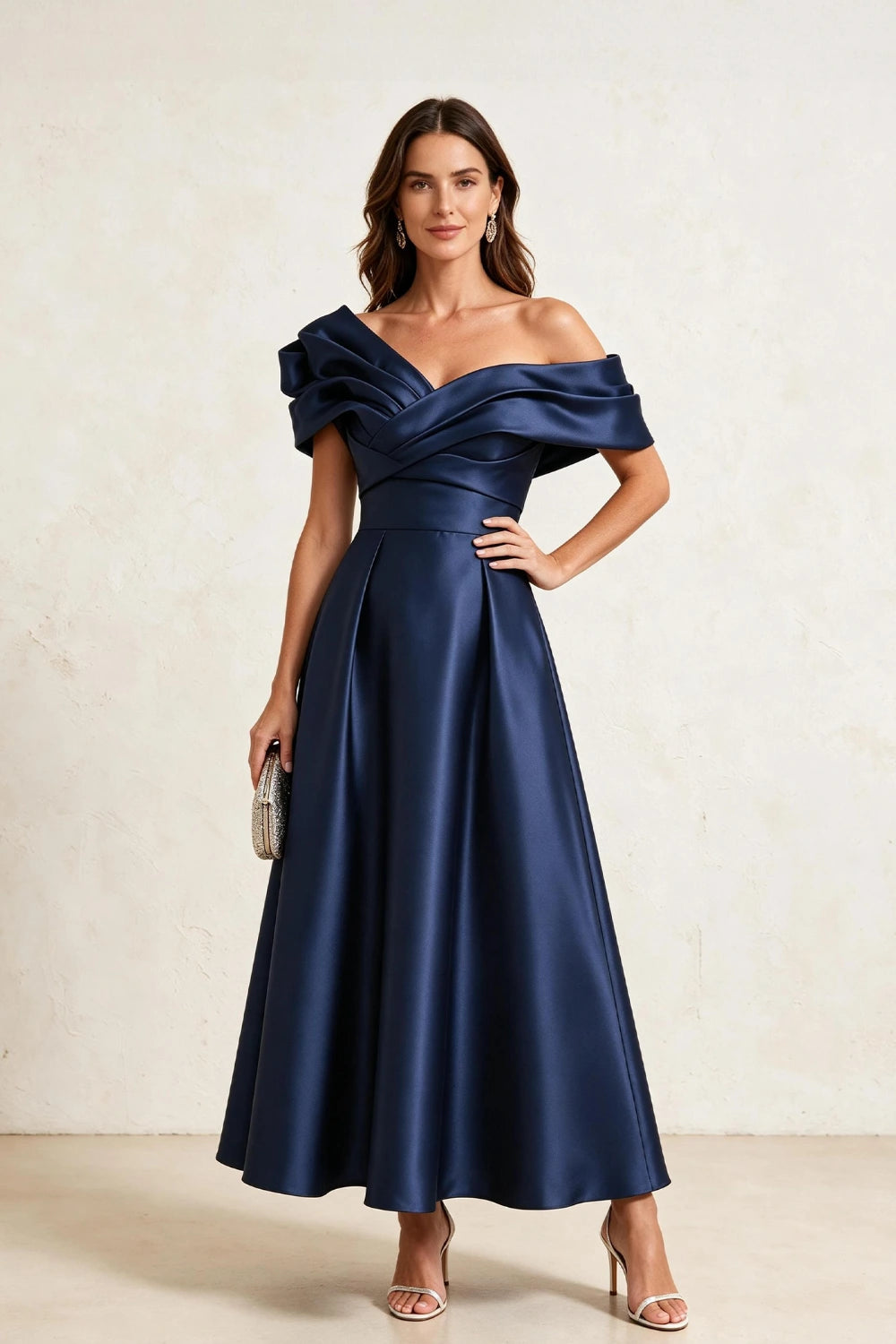 Ruffled Asymmetric Satin Midi A-Line Mother of the Bride Dress