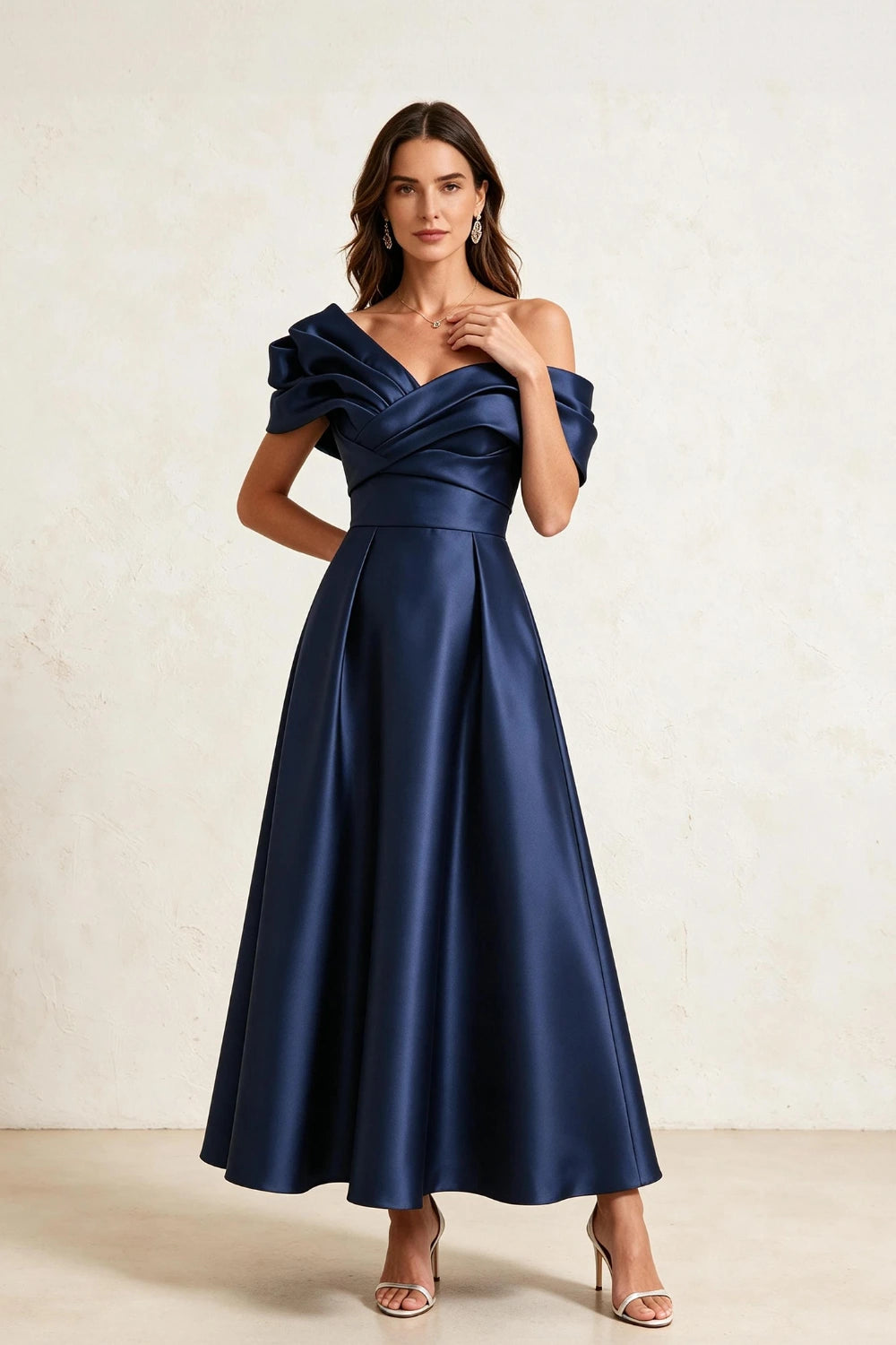 Ruffled Asymmetric Satin Midi A-Line Mother of the Bride Dress