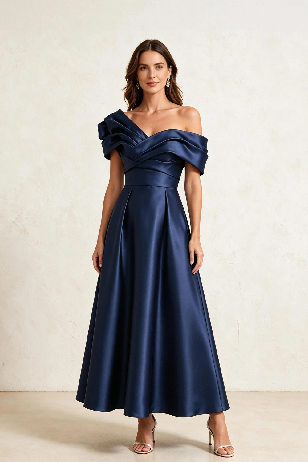 Ruffled Asymmetric Satin Midi A-Line Mother of the Bride Dress