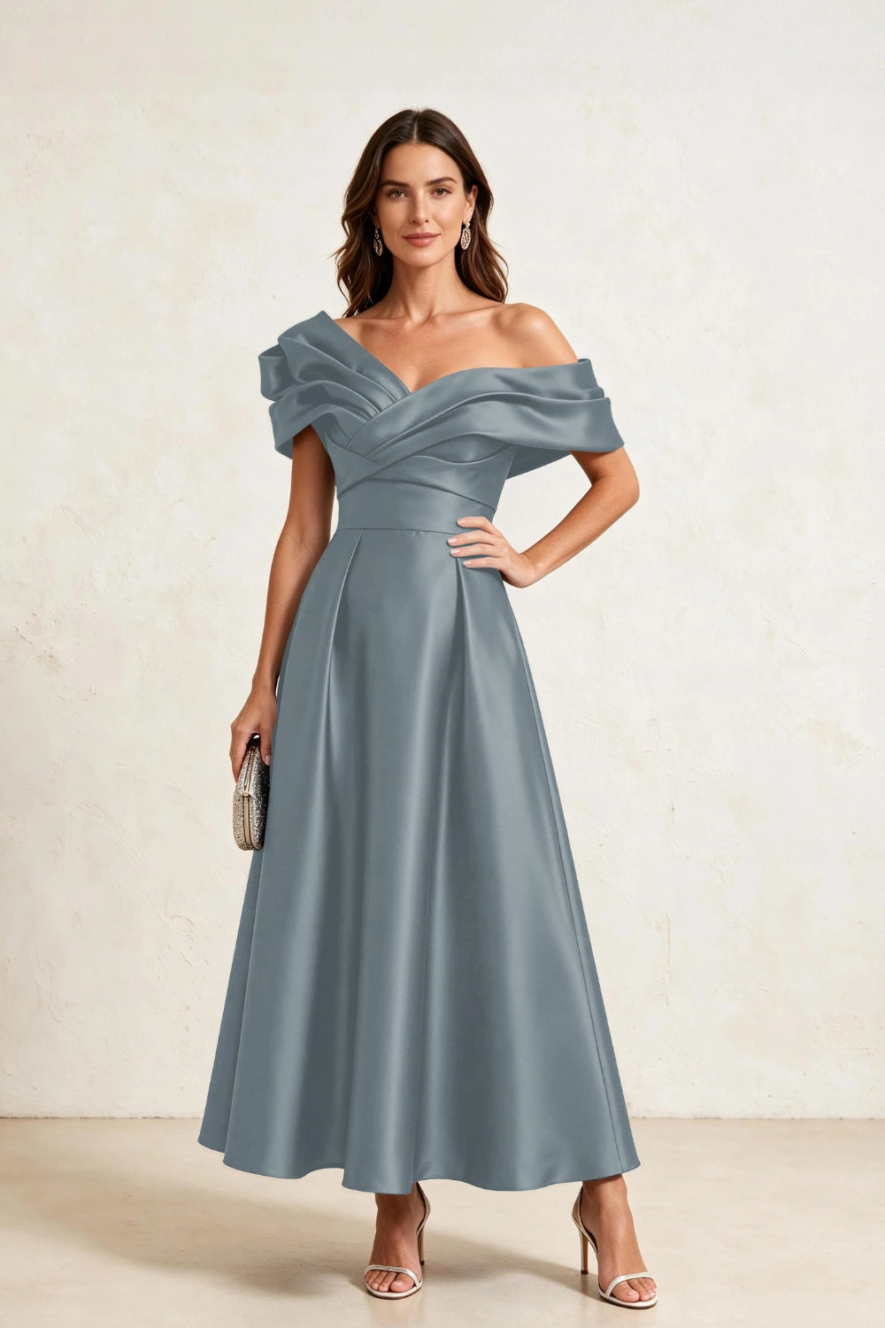 Ruffled Asymmetric Satin Midi A-Line Mother of the Bride Dress