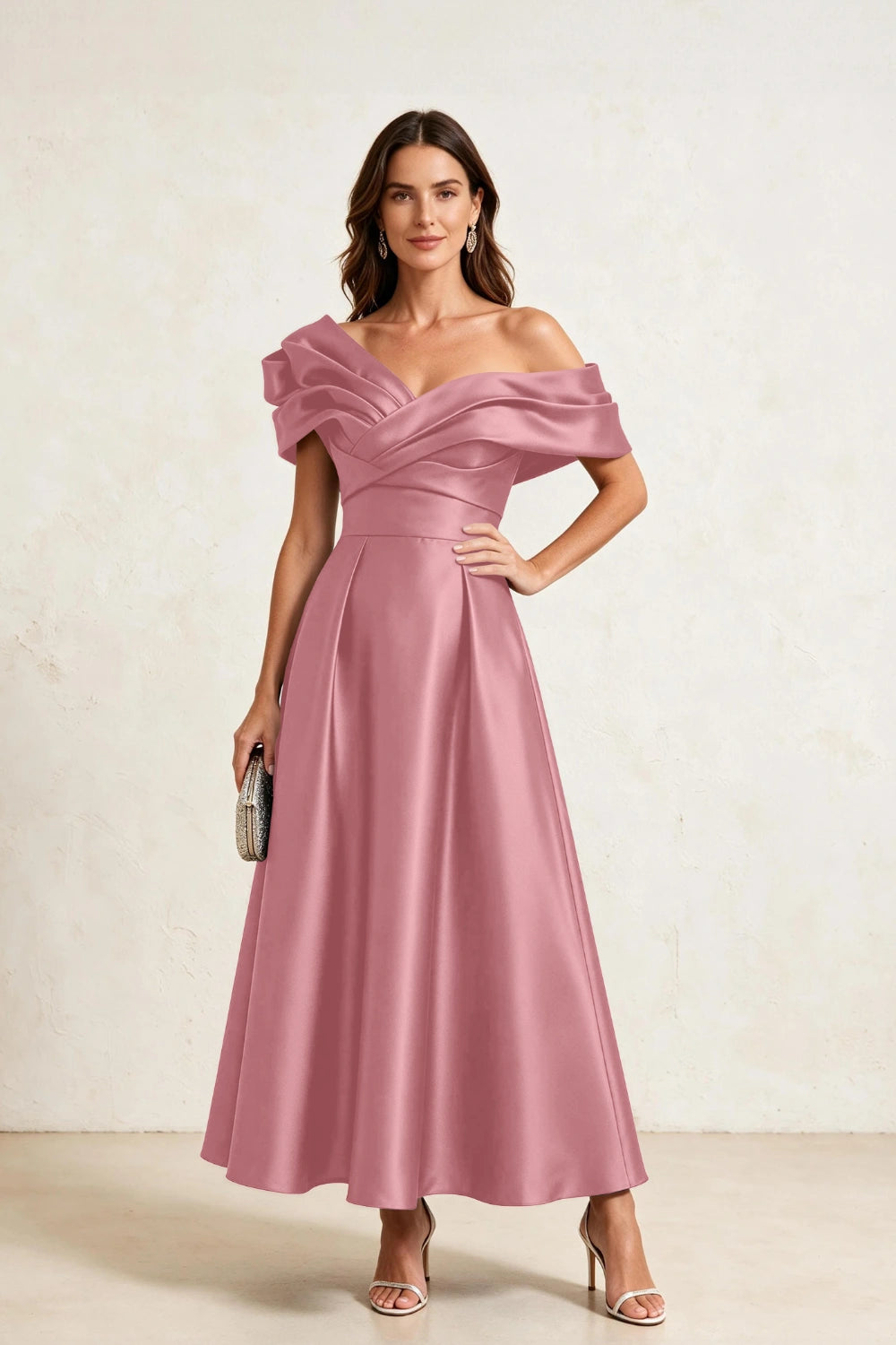 Ruffled Asymmetric Satin Midi A-Line Mother of the Bride Dress