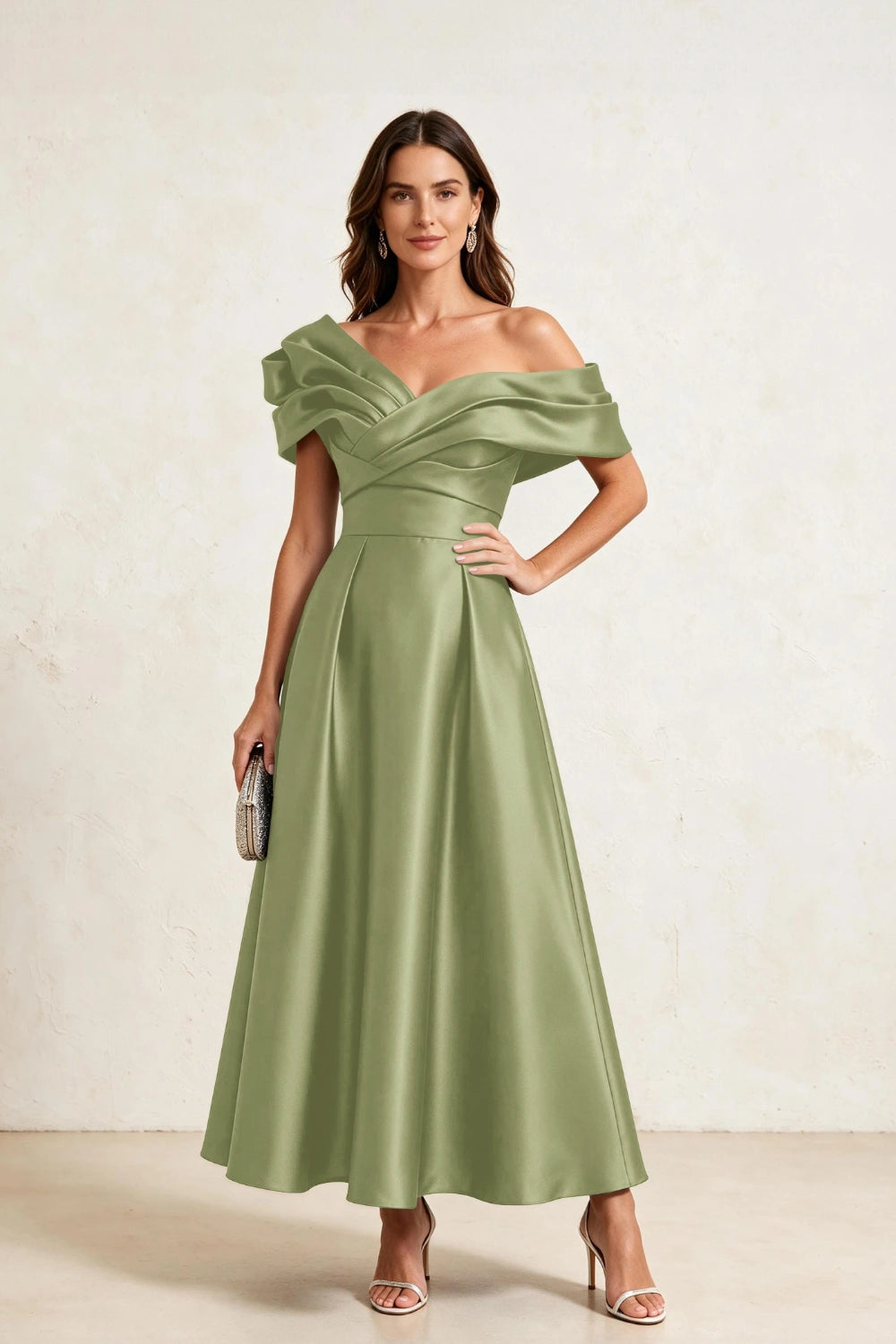 Ruffled Asymmetric Satin Midi A-Line Mother of the Bride Dress