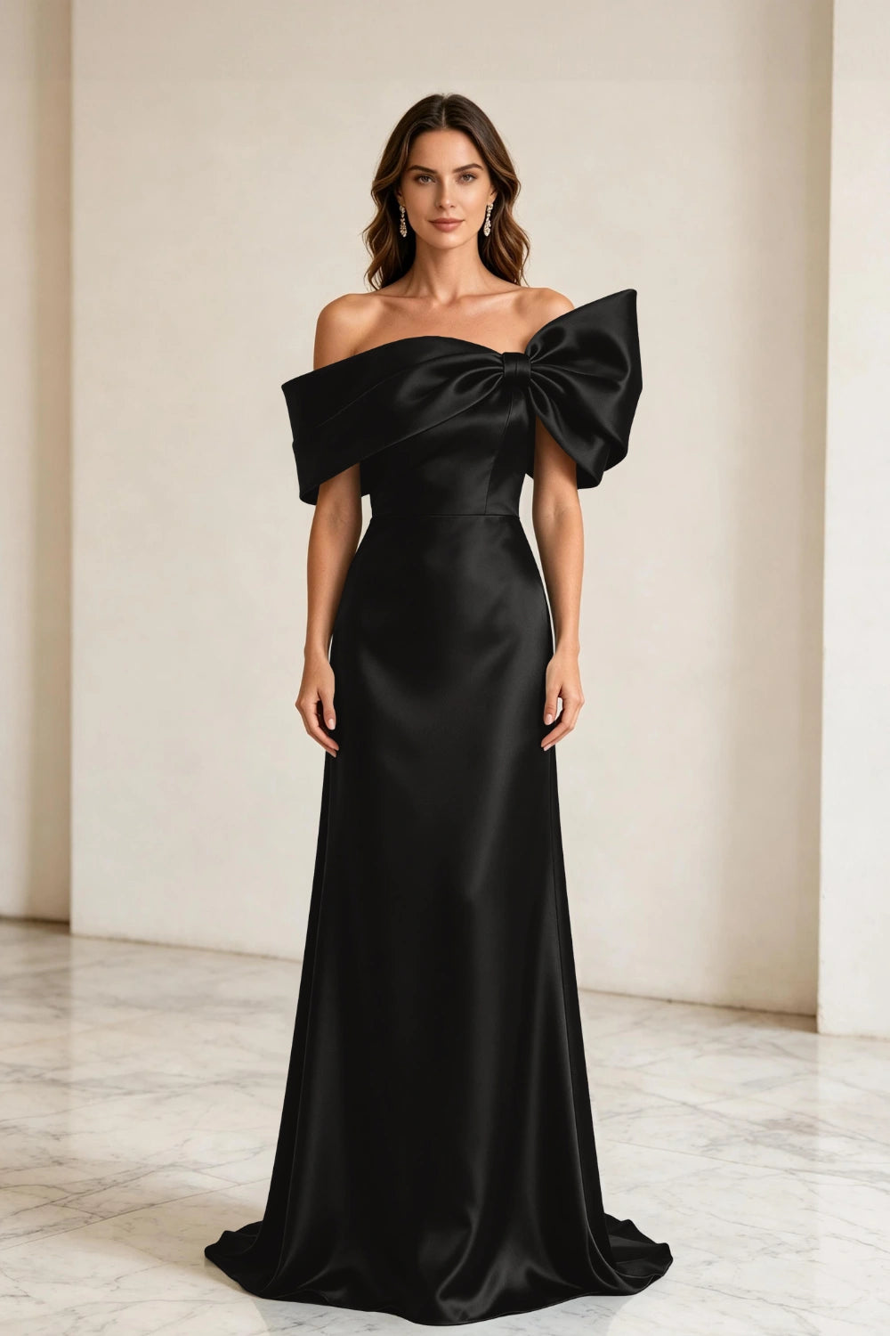 Emerald Bow Off-Shoulder Satin Column Mother of the Bride Gown