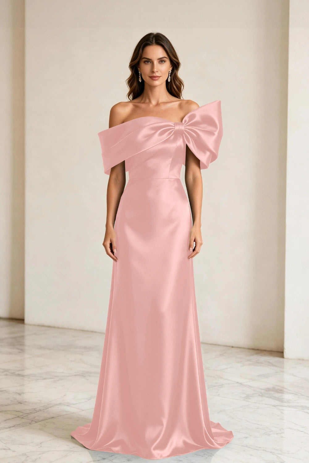 Emerald Bow Off-Shoulder Satin Column Mother of the Bride Gown