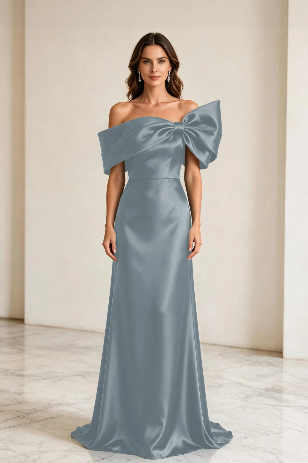 Emerald Bow Off-Shoulder Satin Column Mother of the Bride Gown