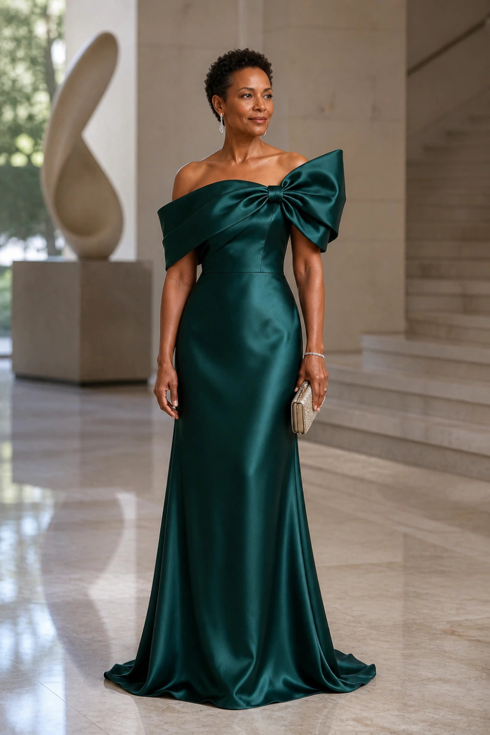 Emerald Bow Off-Shoulder Satin Column Mother of the Bride Gown