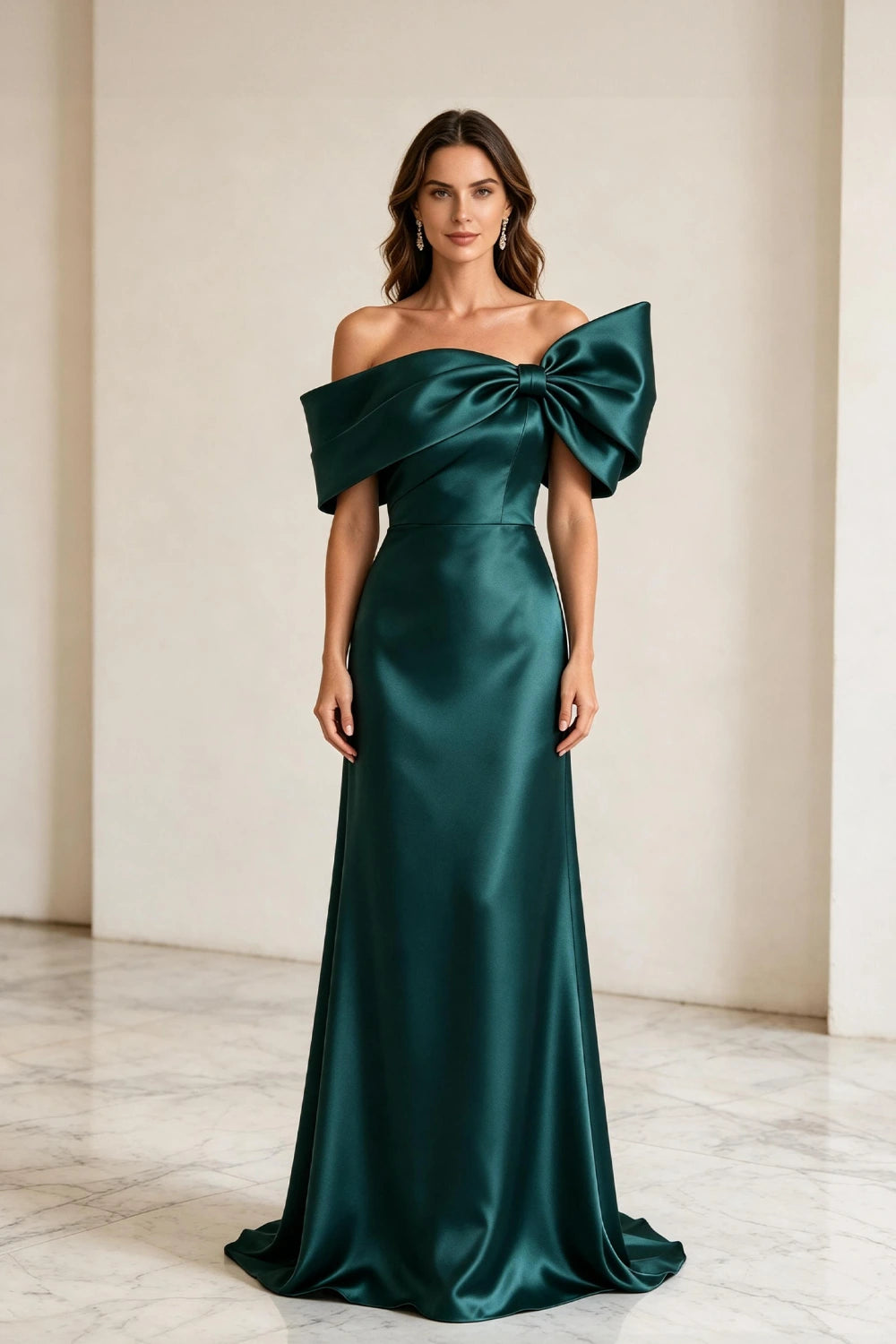 Emerald Bow Off-Shoulder Satin Column Mother of the Bride Gown