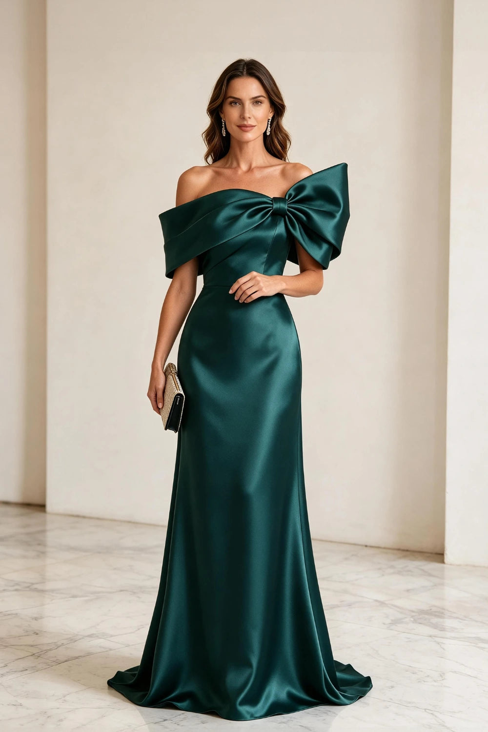 Emerald Bow Off-Shoulder Satin Column Mother of the Bride Gown