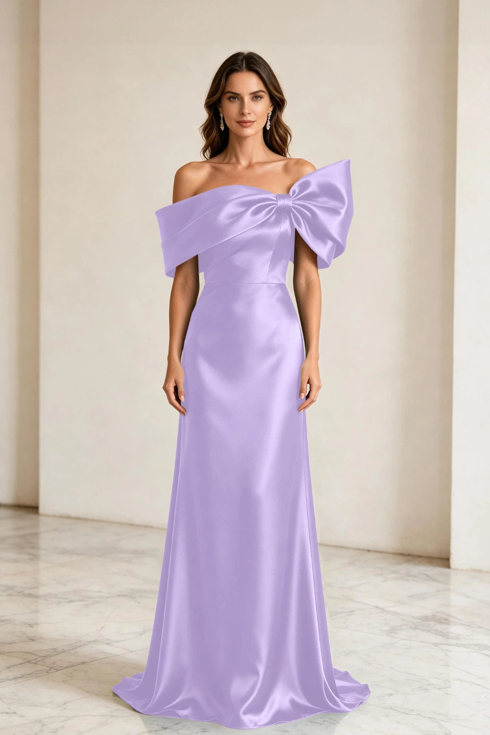 Emerald Bow Off-Shoulder Satin Column Mother of the Bride Gown