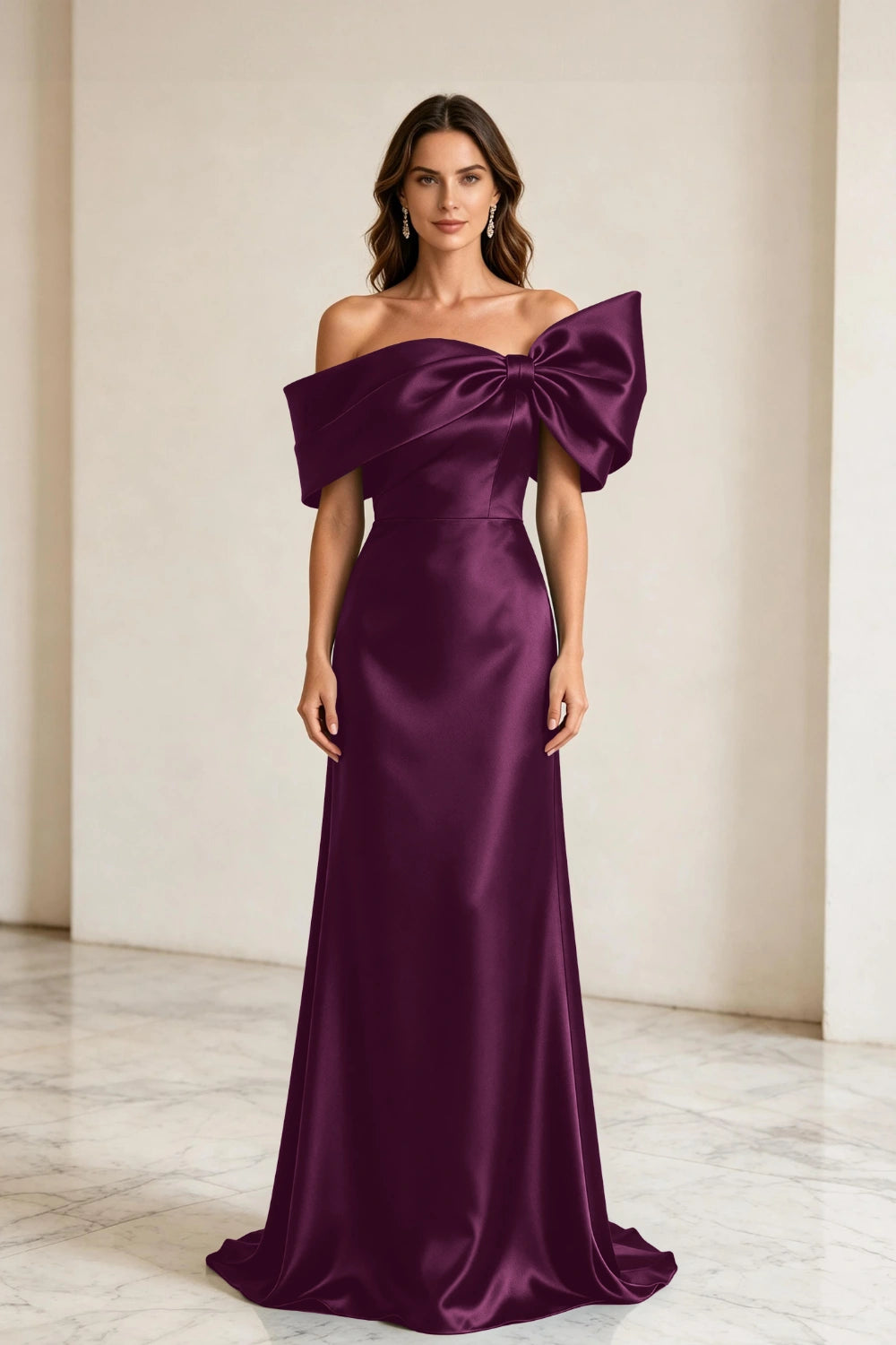 Emerald Bow Off-Shoulder Satin Column Mother of the Bride Gown