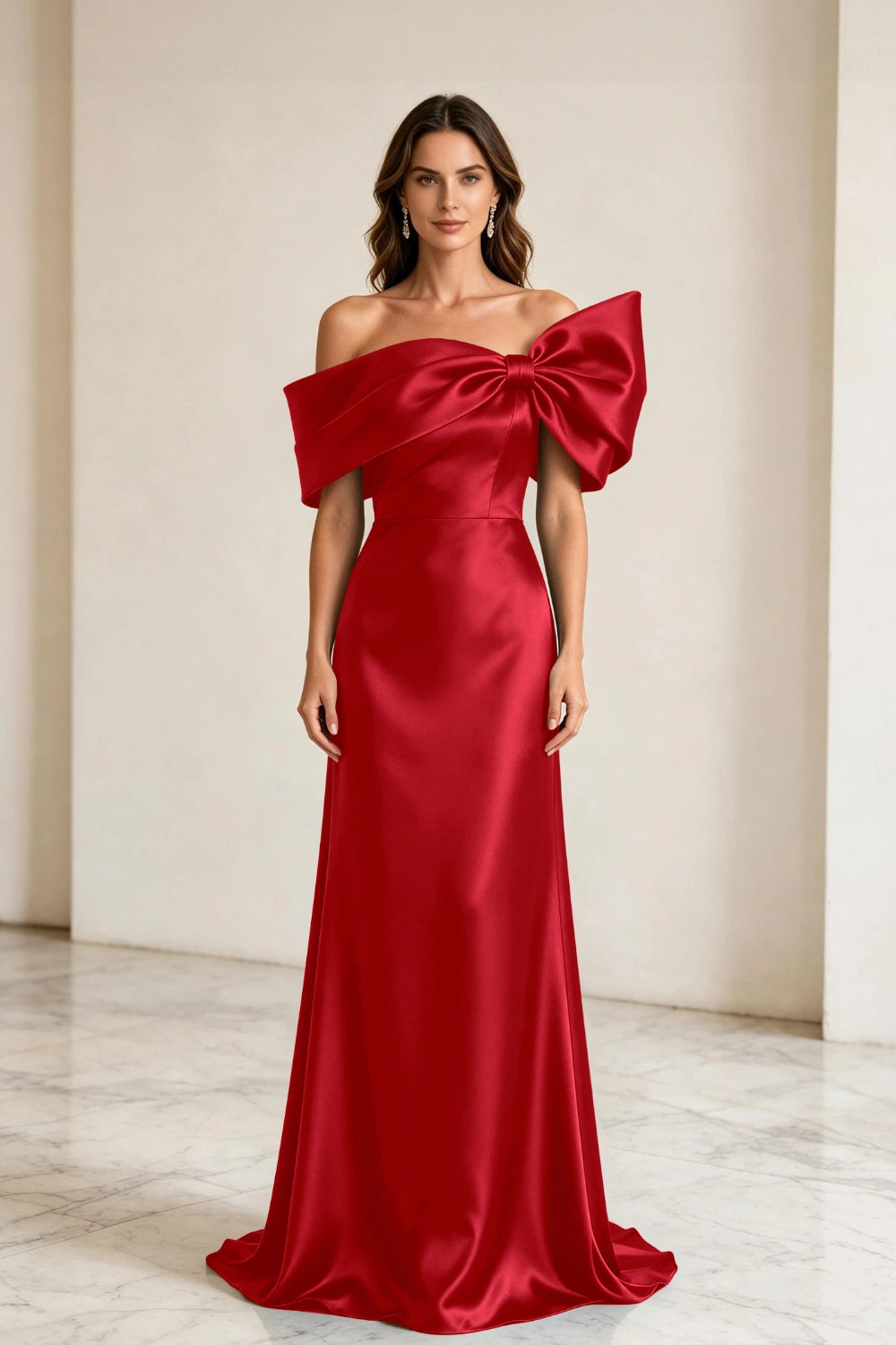 Emerald Bow Off-Shoulder Satin Column Mother of the Bride Gown