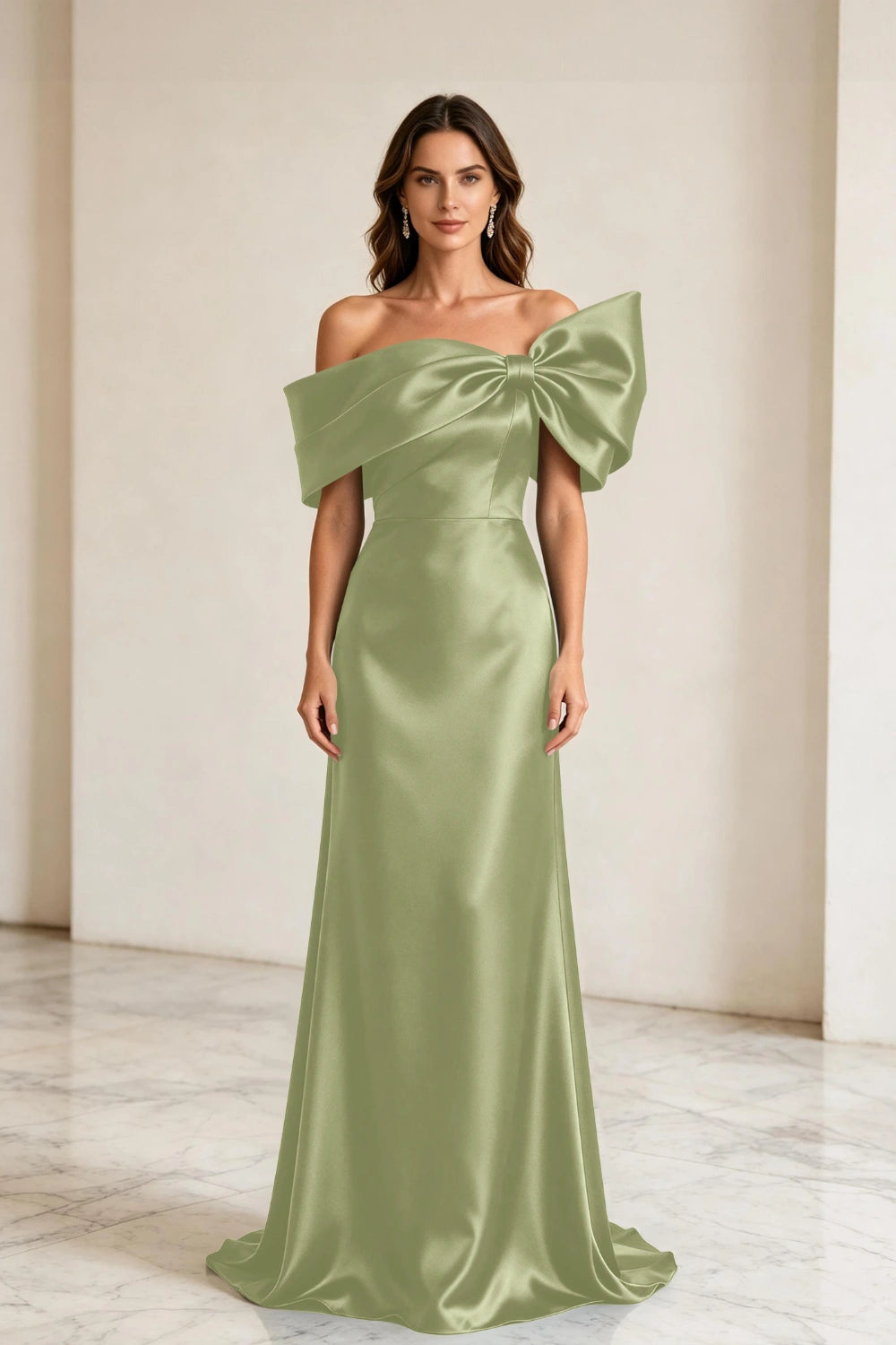 Emerald Bow Off-Shoulder Satin Column Mother of the Bride Gown