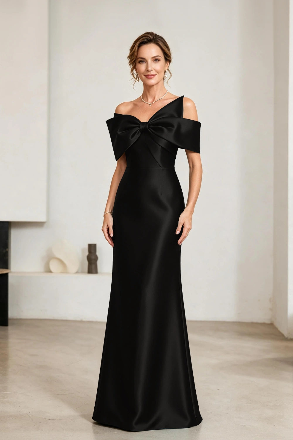 Emerald Bow-Neck Satin Sheath Mother of the Bride Gown