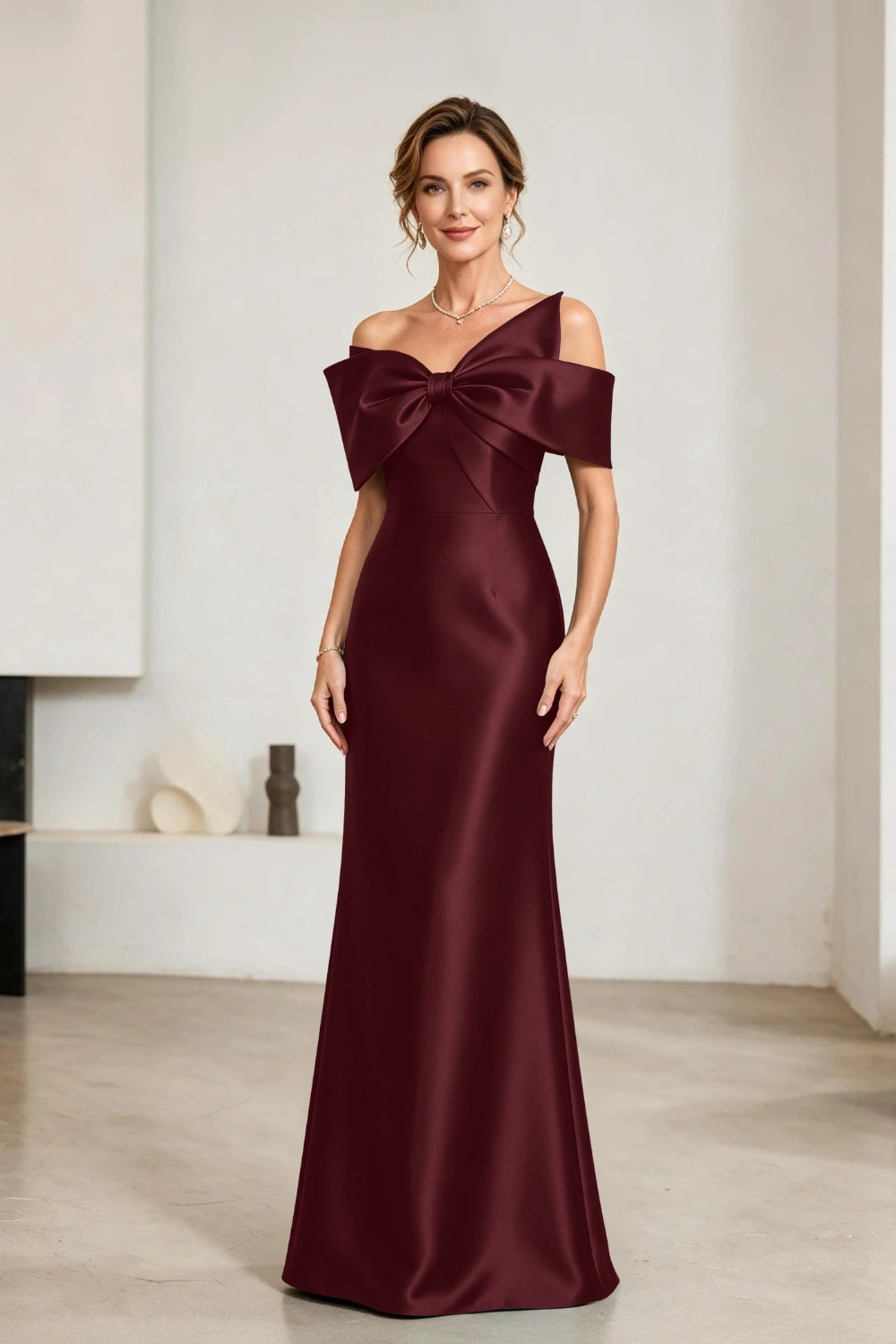 Emerald Bow-Neck Satin Sheath Mother of the Bride Gown