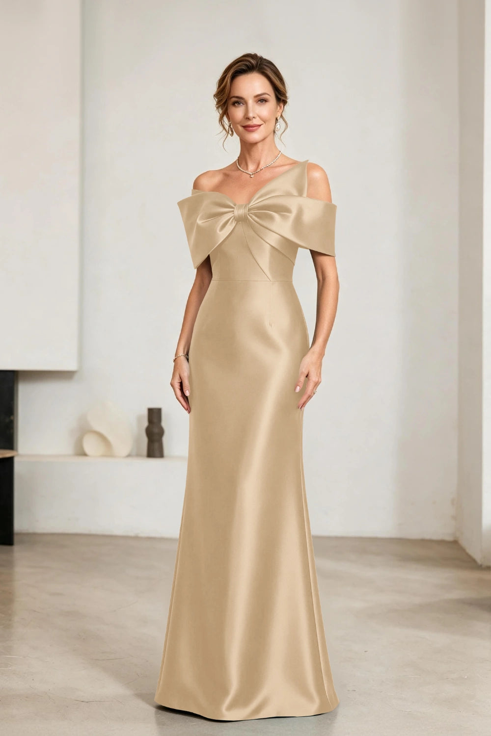 Emerald Bow-Neck Satin Sheath Mother of the Bride Gown