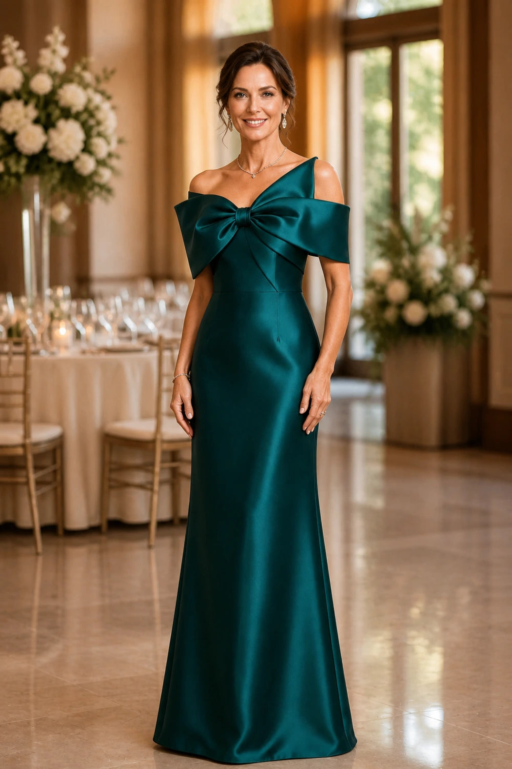 Emerald Bow-Neck Satin Sheath Mother of the Bride Gown