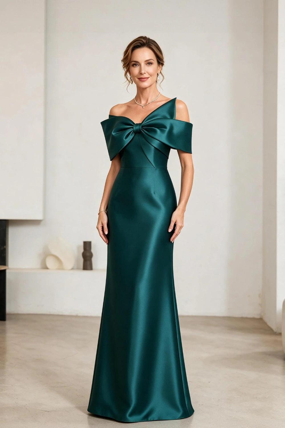 Emerald Bow-Neck Satin Sheath Mother of the Bride Gown