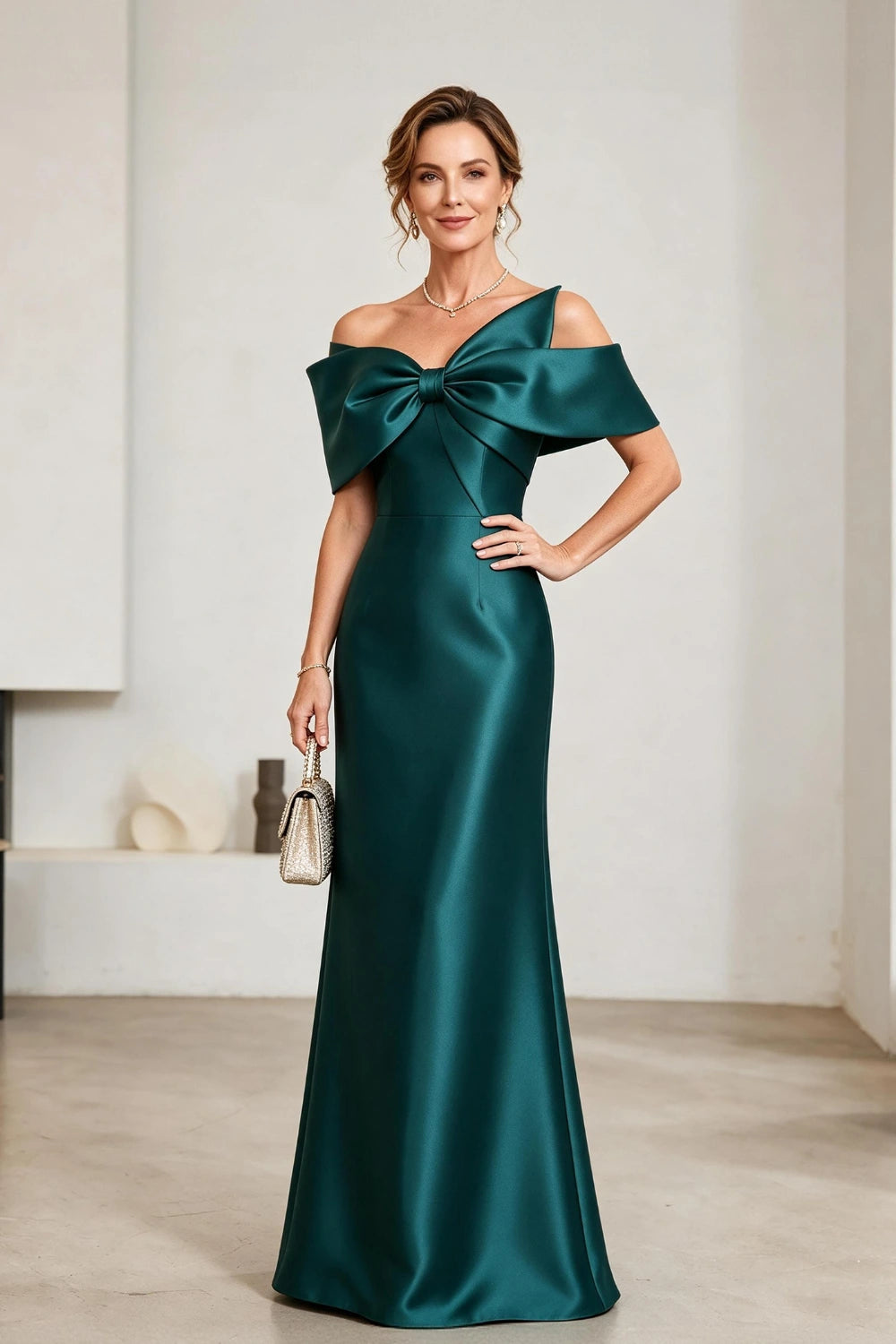 Emerald Bow-Neck Satin Sheath Mother of the Bride Gown