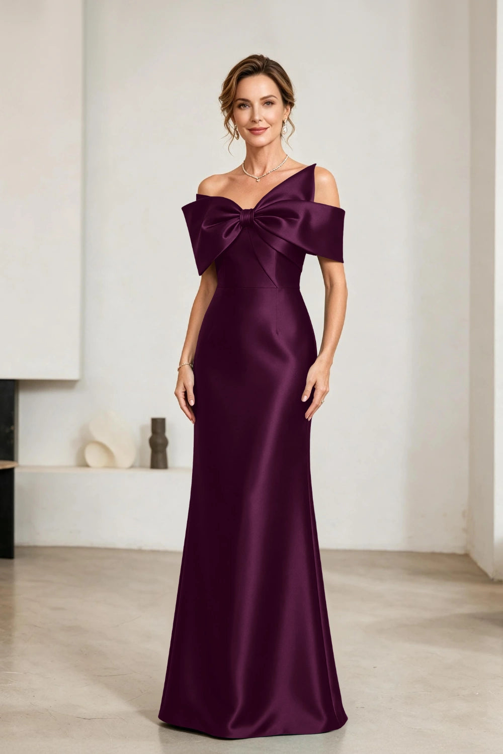 Emerald Bow-Neck Satin Sheath Mother of the Bride Gown