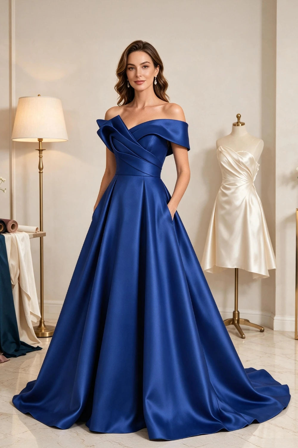 Royal Blue Sculptural Satin A-Line Mother of the Bride Ball Gown
