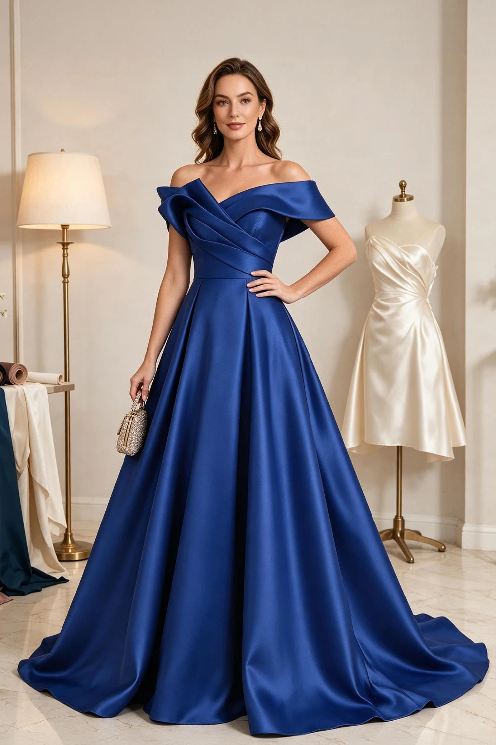 Royal Blue Sculptural Satin A-Line Mother of the Bride Ball Gown