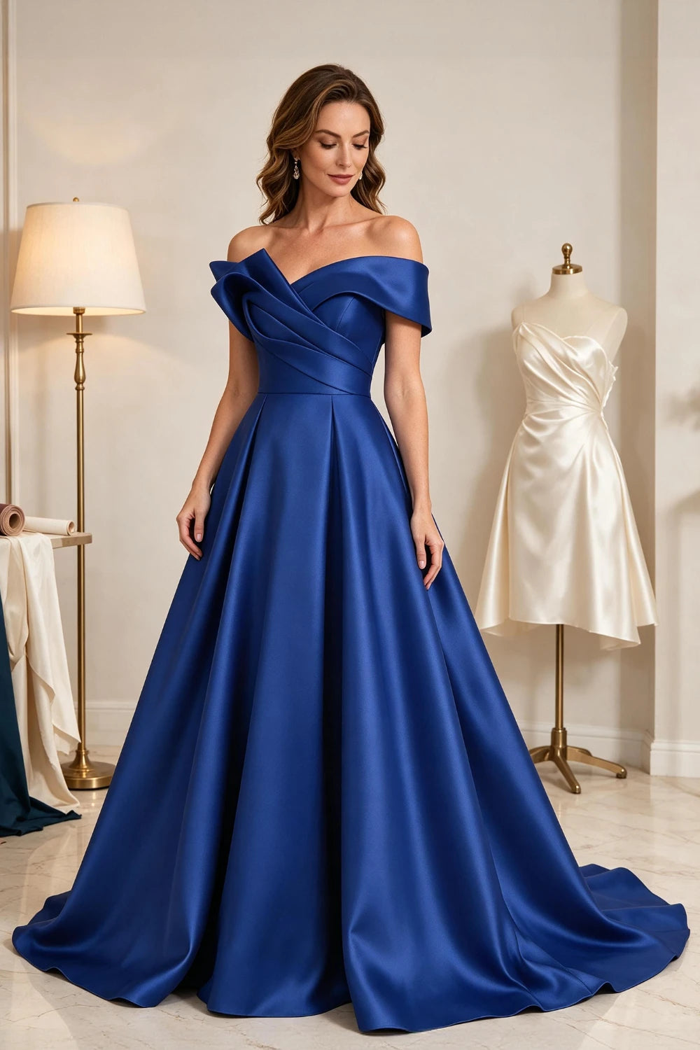 Royal Blue Sculptural Satin A-Line Mother of the Bride Ball Gown