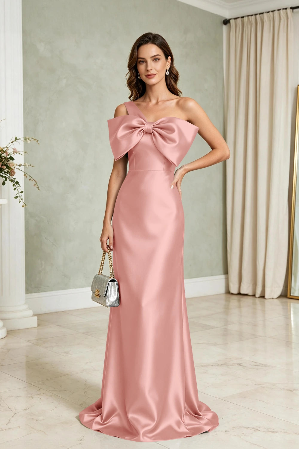 Silver Bow One-Shoulder Satin Column Mother of the Bride Gown