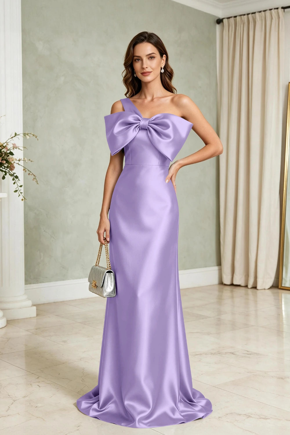 Silver Bow One-Shoulder Satin Column Mother of the Bride Gown