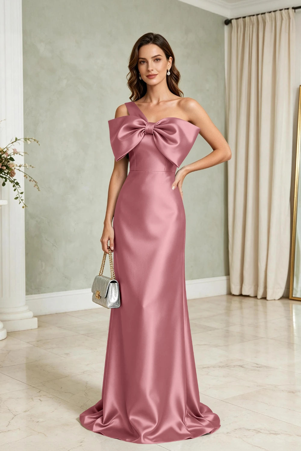 Silver Bow One-Shoulder Satin Column Mother of the Bride Gown