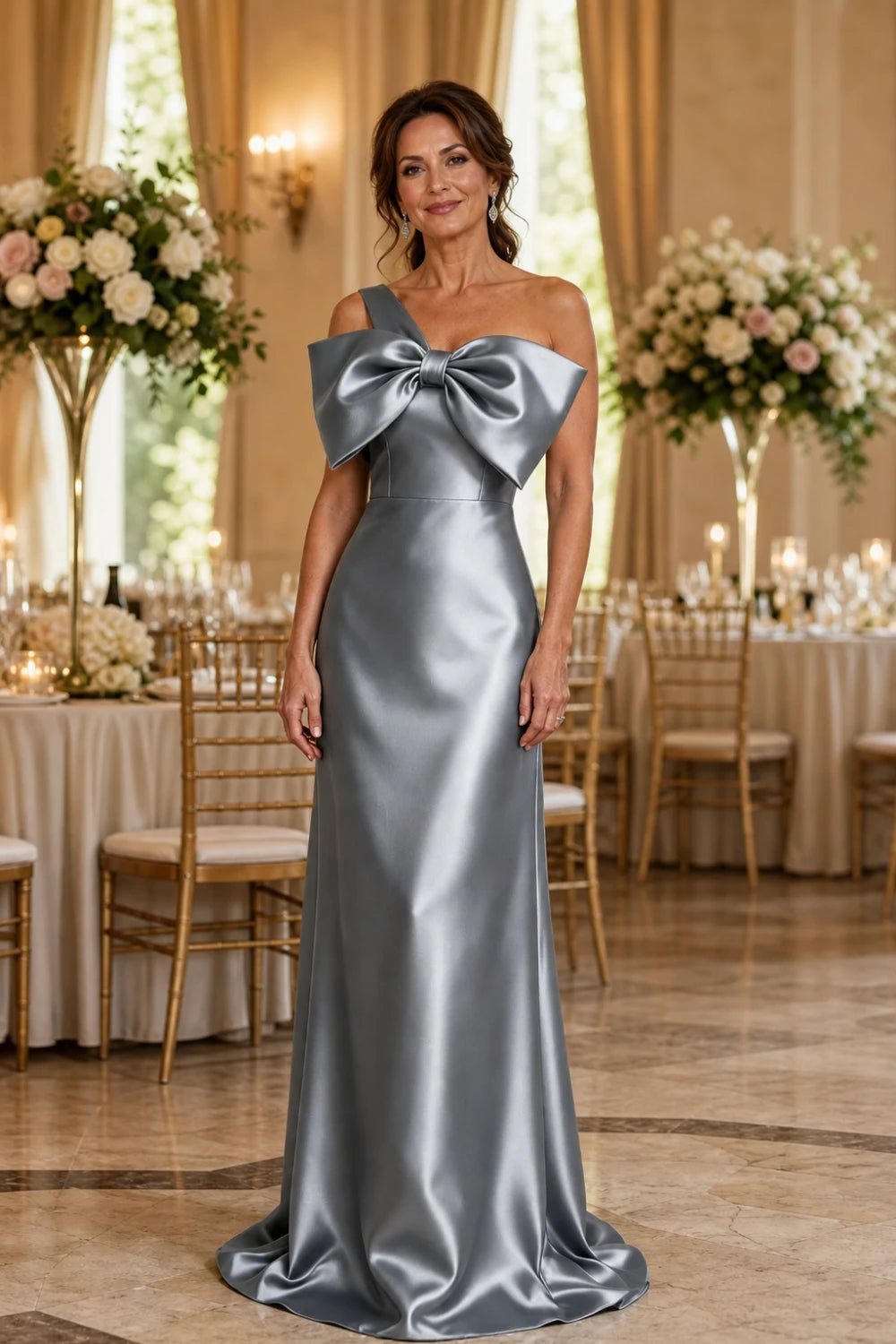 Silver Bow One-Shoulder Satin Column Mother of the Bride Gown