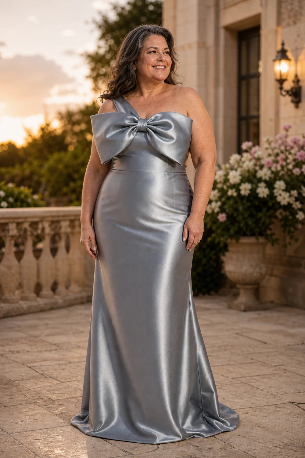 Silver Bow One-Shoulder Satin Column Mother of the Bride Gown