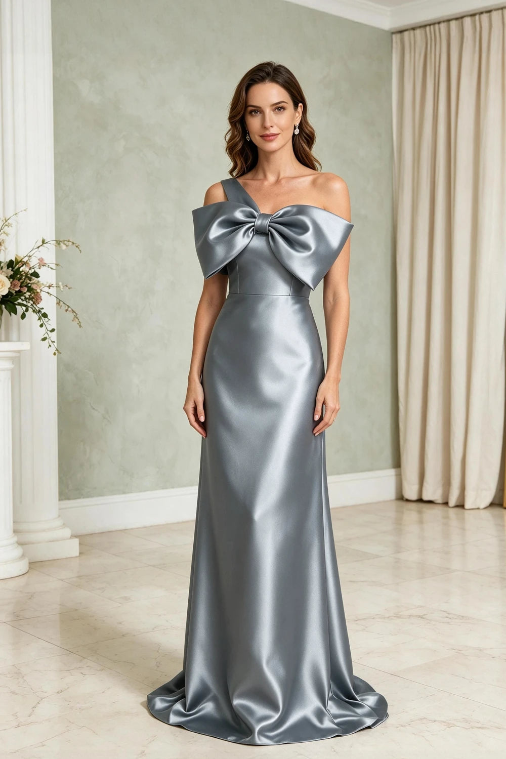 Silver Bow One-Shoulder Satin Column Mother of the Bride Gown