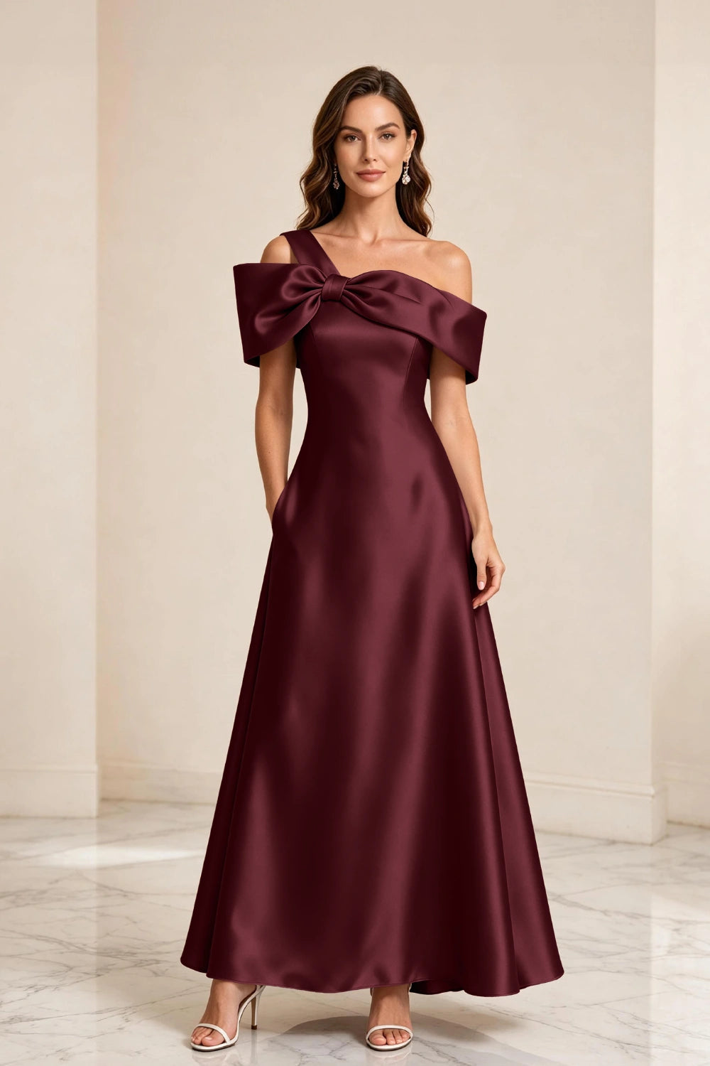 Champagne Bow Off-Shoulder Satin A-Line Mother of the Bride Dress