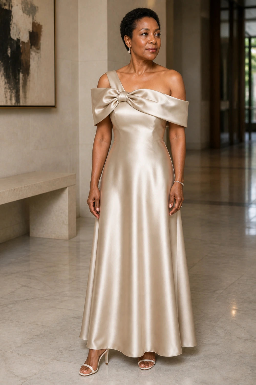 Champagne Bow Off-Shoulder Satin A-Line Mother of the Bride Dress