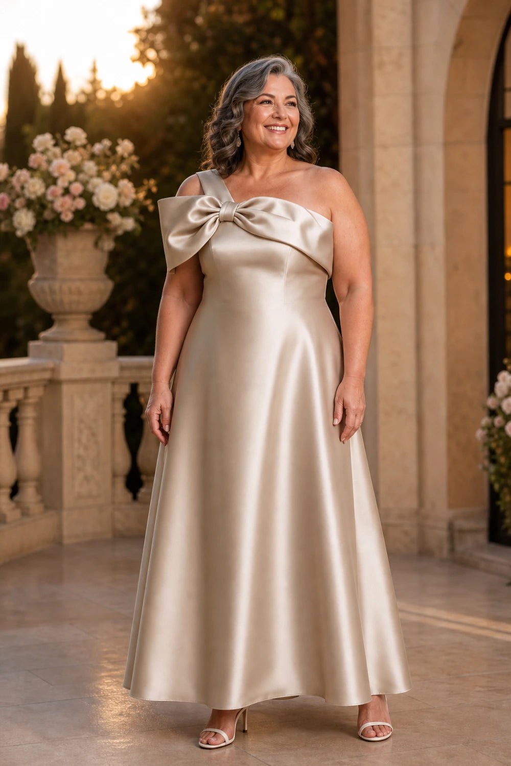 Champagne Bow Off-Shoulder Satin A-Line Mother of the Bride Dress