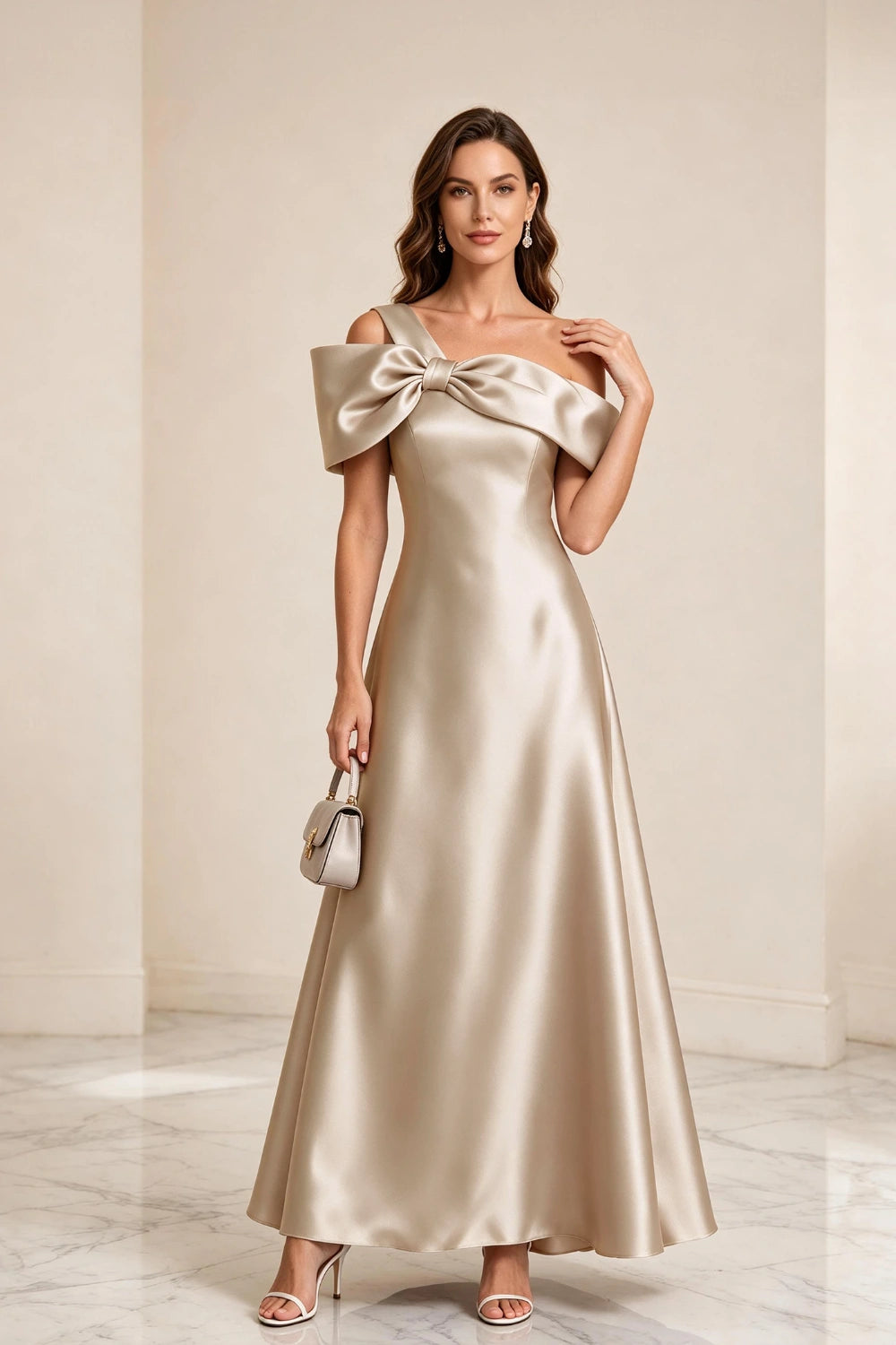 Champagne Bow Off-Shoulder Satin A-Line Mother of the Bride Dress