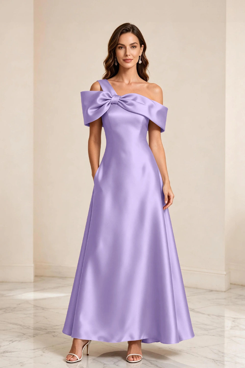 Champagne Bow Off-Shoulder Satin A-Line Mother of the Bride Dress