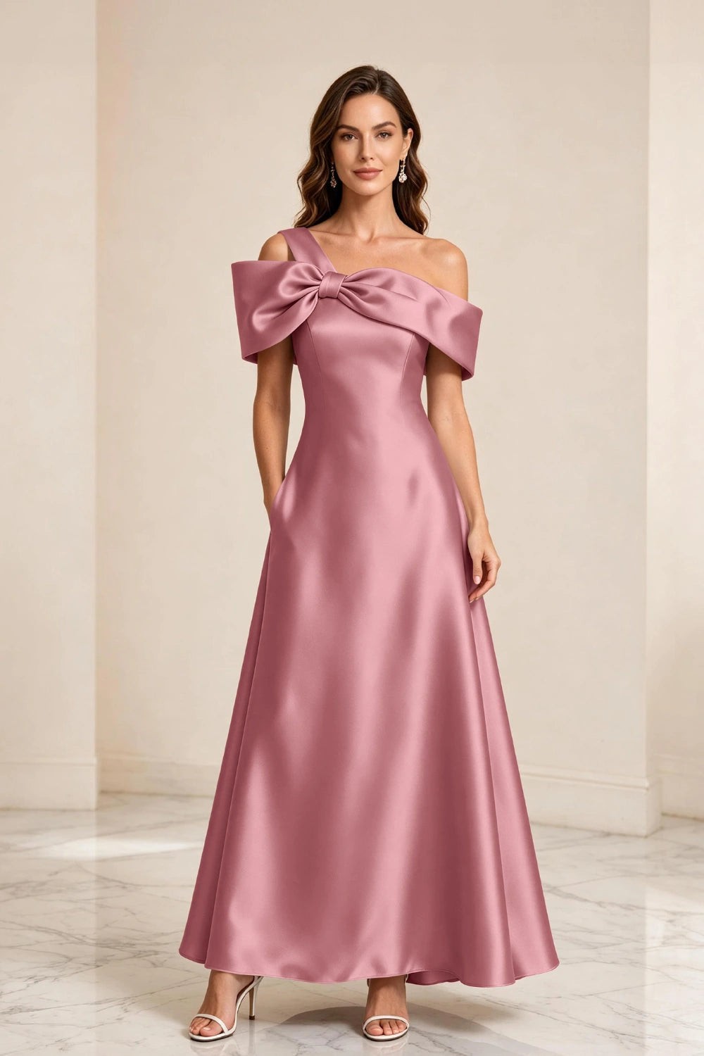 Champagne Bow Off-Shoulder Satin A-Line Mother of the Bride Dress