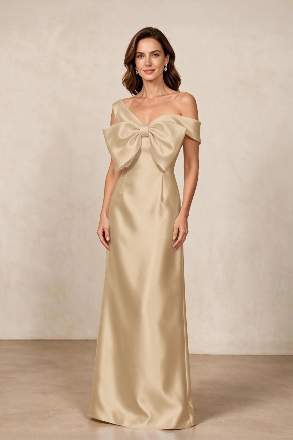 Ivory Oversized Bow Satin Column Mother of the Bride Gown