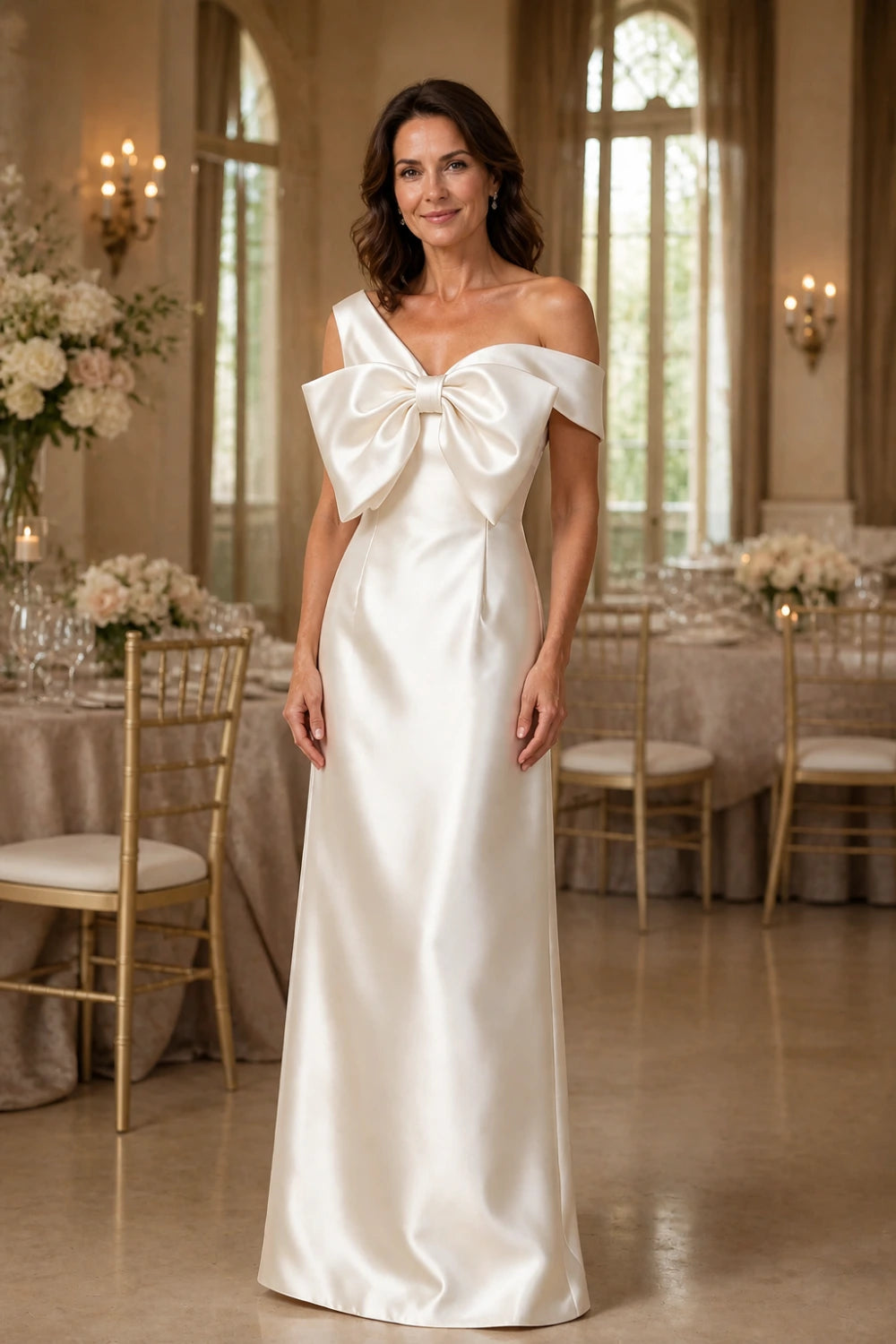 Ivory Oversized Bow Satin Column Mother of the Bride Gown