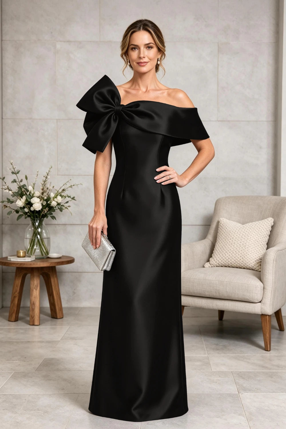 Navy Side-Bow Off-Shoulder Satin Mother of the Bride Gown