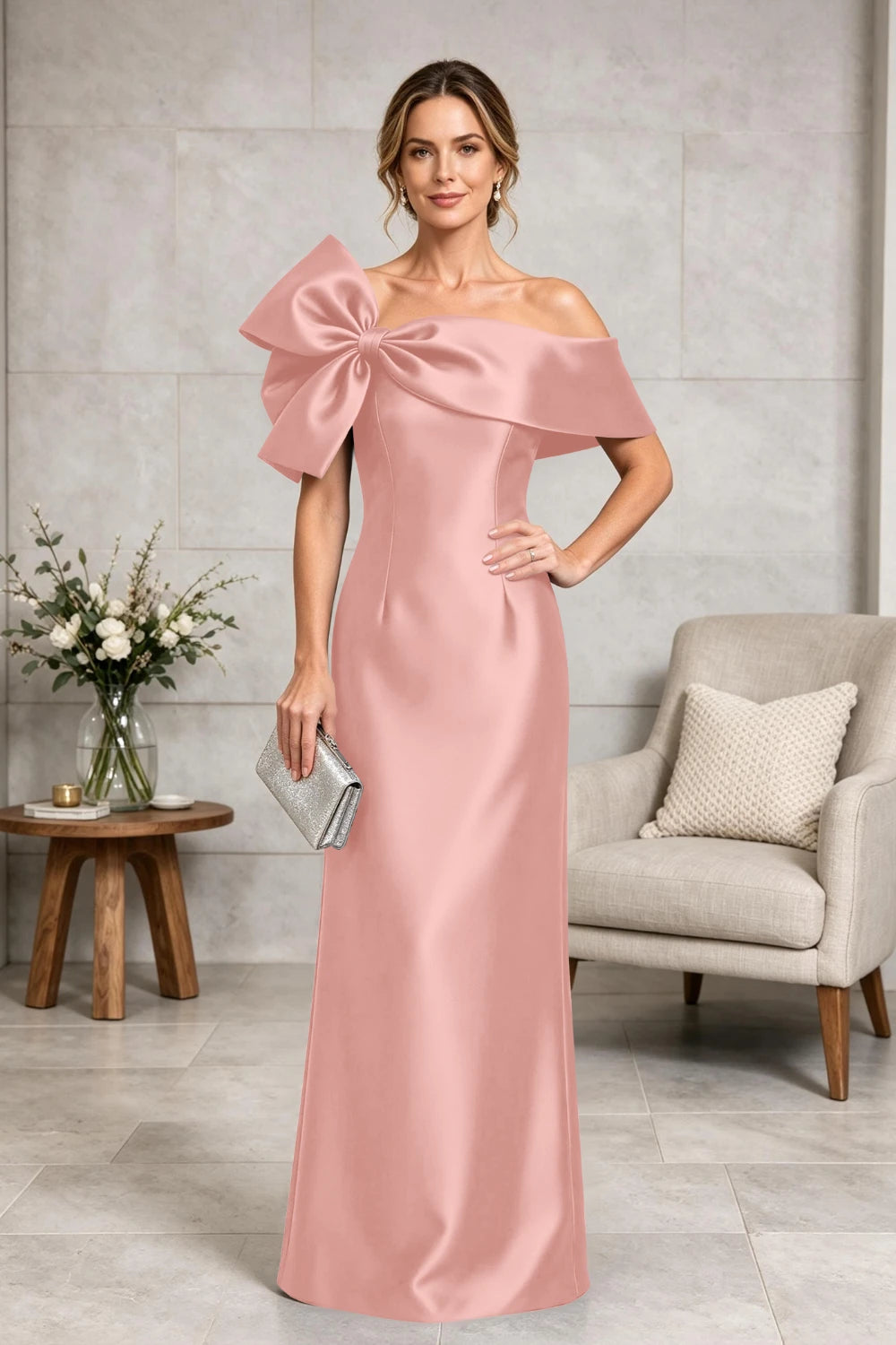 Navy Side-Bow Off-Shoulder Satin Mother of the Bride Gown