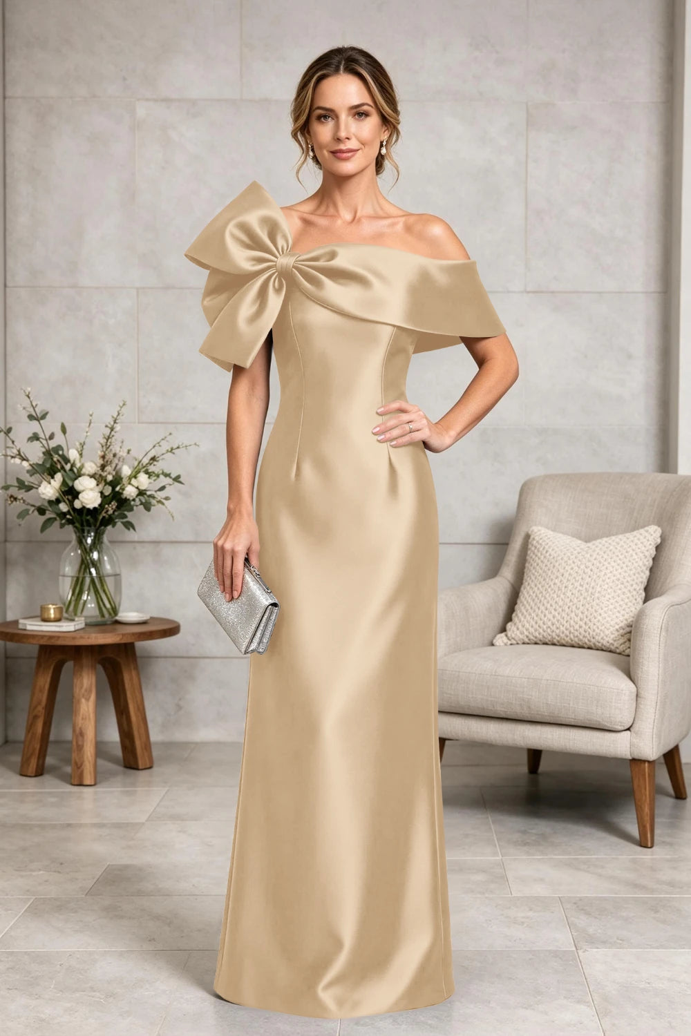 Navy Side-Bow Off-Shoulder Satin Mother of the Bride Gown