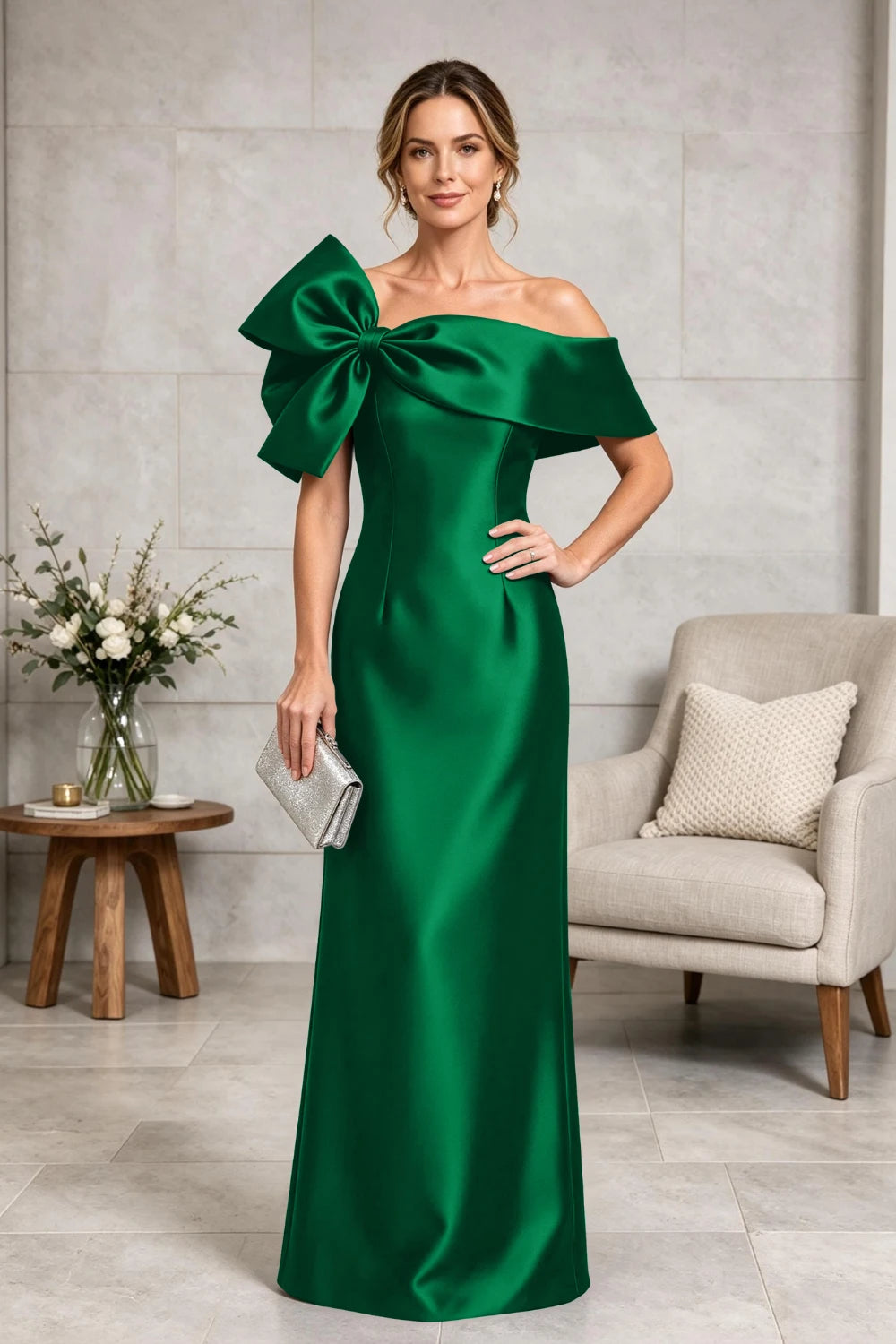 Navy Side-Bow Off-Shoulder Satin Mother of the Bride Gown