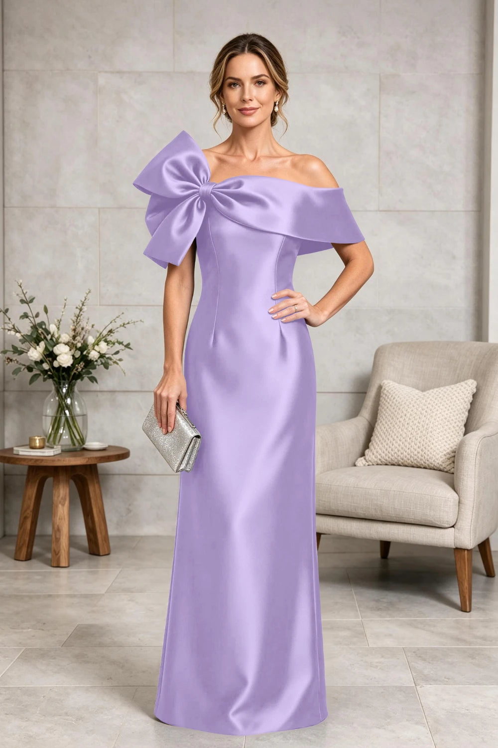Navy Side-Bow Off-Shoulder Satin Mother of the Bride Gown