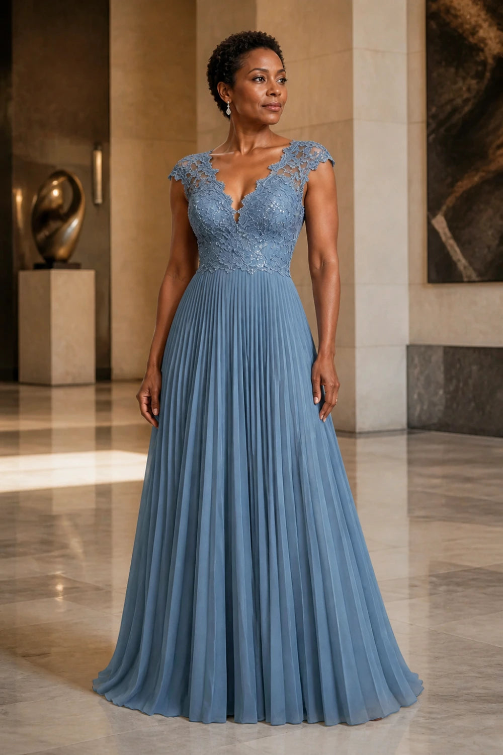 Dusty Blue Lace-Bodice Pleated Chiffon Mother of the Bride Gown