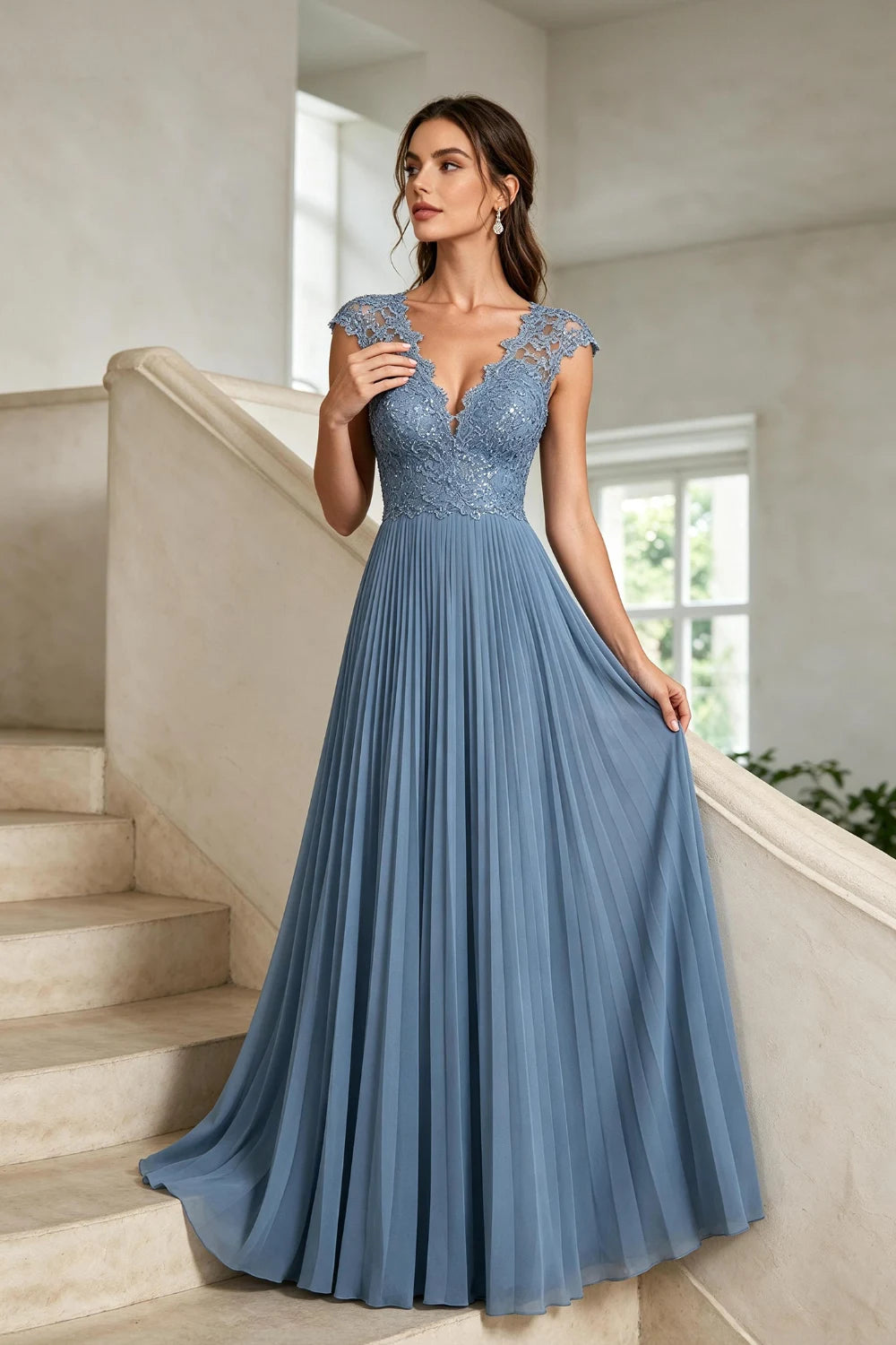 Dusty Blue Lace-Bodice Pleated Chiffon Mother of the Bride Gown